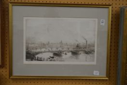 William Lionel Wyllie, a reproduction print depicting a river scene with a bridge.
