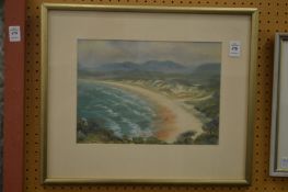 C G Cummings, an extensive beech scene with mountains beyond, pastel.