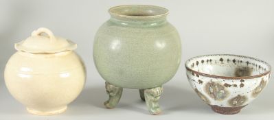 THREE CHINESE GLAZED POTTERY ITEMS, comprising a censer, a jar and cover, and a bowl, (3).