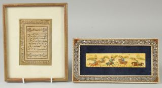 A SMALL ISLAMIC MANUSCRIPT PAGE, framed and glazed, together with a small painting on bone of a polo