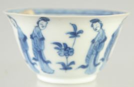 A FINE CHINESE KANGXI BLUE AND WHITE PORCELAIN TEA BOWL, painted with female figures, character mark