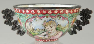 A CHINESE ENAMEL PAINTED COPPER TWIN HANDLE BOWL / CUP, painted with European subjects, the base