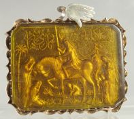 AN ISLAMIC GREEN GLASS PLAQUE INSET WITHIN A HALLMARKED WHITE METAL FRAME, stamped to the bale, 7.