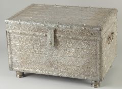 A FINE LARGE ISLAMIC SILVER OVERLAID WOODEN CASKET, with hinged cover, carrying handles and raised