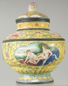 A QING DYNASTY PAINTED ENAMEL COPPER GINGER JAR AND COVER, with panels of European subjects and