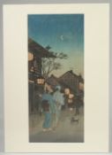SHOTEI TAKAHASHI (1871-1945): STREET PERFORMER; an early 20th century original Japanese woodblock