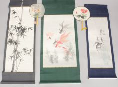 THREE CHINESE SCROLL PAINTINGS, together with two painted fans, (5).
