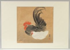 KOSON OHARA (1877-1945): COCKEREL AND HEN; an early 20th century original Japanese woodblock print.