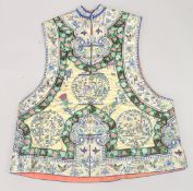 A CHINESE EMBROIDERED SILK WAISTCOAT, with fine embroidered panels of female figures, further