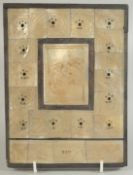 A FINELY CARVED 18TH CENTURY HOLY LAND BETHLEHEM MOTHER OF PEARL AND OLIVE WOOD ICON, 20.5cm x 15.