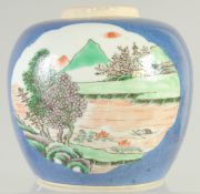A CHINESE BLUE GROUND FAMILLE VERTE PORCELAIN JAR, painted with a panel of a landscape and another
