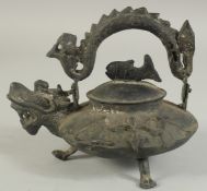 AN UNUSUAL CHINESE DRAGON FORM TEAPOT, the lid with fish shape finial, 19.5cm wide (spout to