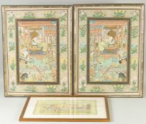 A LARGE PAIR OF PAINTINGS, depicting mirrored scenes of figures with foliate border, together with