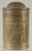 A SMALL 19TH CENTURY PERSIAN QAJAR BRASS CYLINDRICAL CASE, with finely engraved decoration, 8cm
