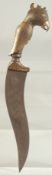 A FINE NORTHERN INDIAN GOLD INLAID STEEL DAGGER with bird shaped handle, 32cm long.