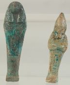 TWO EGYPTIAN GLAZED USHABTIS, 13.5cm and 12cm.