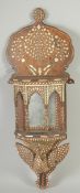A VERY FINE 19TH CENTURY ANGLO INDIAN BONE INLAID WOODEN WALL SHELF, with inset mirror, the base