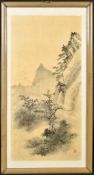 A CHINESE PAINTING OF A MOUNTAINOUS LANDSCAPE, with red seal mark, framed and glazed, image 68cm x