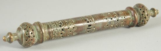 A RARE 13TH CENTURY PERSIAN SELJUK KHURASAN OPENWORKED BRONZE SCROLL HOLDER, 21.5cm long.