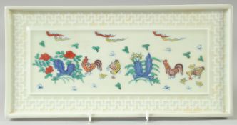 A CHINESE DOUCAI PORCELAIN CHICKEN TRAY, 30.5cm x 15cm.