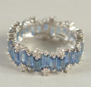 A GOOD 18CT WHITE GOLD CEYLON SAPPHIRE AND DIAMOND FULL RING.