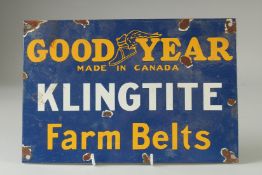 AN ENAMEL SIGN 'GOOD YEAR KLINGTITE FARM BELTS'. 7.75ins x 11.75ins.