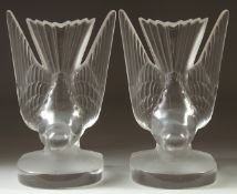 A PAIR OF LALIQUE FROSTED GLASS BIRD BOOK ENDS. 6ins high. Etched, Lalique, France.