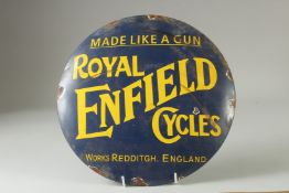 A CIRCULAR ENAMEL SIGN 'ROYAL ENFIELD CYCLES'.
