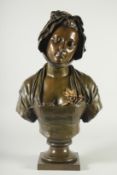 EUGENE LOURENT 91832 -1898) FRENCH. A SUPERB BRONZE BUST OF A LADY wearing a rose, on a square base.