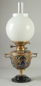 A VERY GOOD DOULTON LAMBETH STONEWARE OIL LAMP by EDITH LUPTON, 1882, with metal fittings and