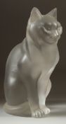 A LARGE LALIQUE FROSTED GLASS SEATED CAT. Engraved Lalique France. 8ins high.