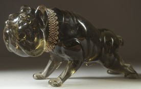 A GOOD LARGE GLASS BULL DOG. Signed. 14ins long.