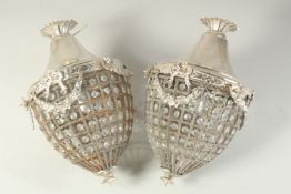 A PAIR OF SILVER PLATE AND CRYSTAL ACORN SHAPED HANGING LIGHTS. 14ins long.