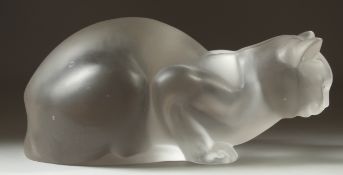 A LARGE LALIQUE FROSTED GLASS CROUCHING CAT. Engraved Lalique France. 8.5ins high.