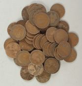 A BAG OF FIFTY SIX COPPER HALF PENNIES.