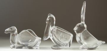 A SET OF THREE GLASS NOVELTY BOWLS: STORK, CAMEL AND RABBIT.