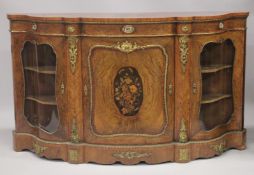 A SUPERB VICTORIAN FIGURED WALNUT AND MARQUETRY CREDENZA, SERPENTINE SHAPE WITH CENTRE BOWED DOOR