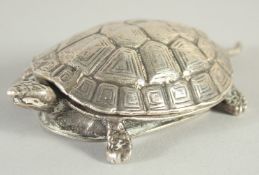 A SILVER NOVELTY TORTOISE LIDDED BOX. 3.75ins long.