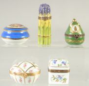 FIVE VARIOUS PORCELAIN BOXES including a Limoge box, as asparagus.