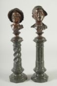 A GOOD PAIR OF BUSTS OF DUTCH BOYS, GRAND TOUR. 5.5ins high on a serpentine plinth. 8ins high.