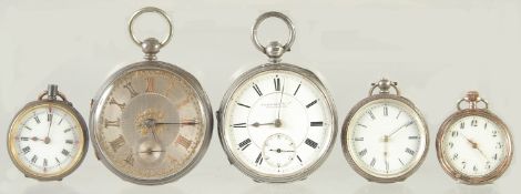 FIVE VARIOUS LADIES AND GENTLEMAN'S SILVER POCKET WATCHES.