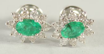 A PAIR OF WHITE GOLD, EMERALD AND DIAMOND EAR STUDS.