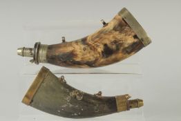 TWO BRASS MOUNTED HORN POWDER FLASKS. 8ins long.