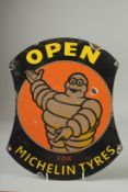 A SHAPED ENAMEL SIGN 'OPEN FOR MICHELIN TYRES' 13.5ins x10.5ins.