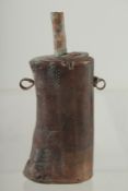 A GOOD SMALL LEATHER CLAD POWDER FLASK. 6ins long.