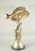 A LARGE SILVERED BRONZE ROLLS ROYCE CAR MASCOT on a circular base. 26ins high.