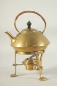A GOOD BRASS CIRCULAR KETTLE on a stand with spirit burner, possibly CHRISTOPHER DRESSER. 7ins