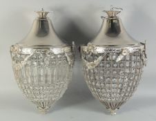 A GOOD PAIR OF ACORN SHAPED CRYSTAL HANGING LIGHTS. 1ft 8ins long