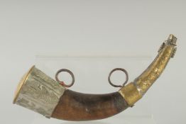 AN EARLY ISLAMIC HORN AND BRASS MOUNTED POWDER FLASK. 11ins long.