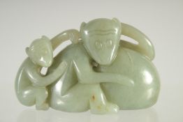A CHINESE CARVED JADE CARVING OF TWO MONKEYS. 2.75ins.